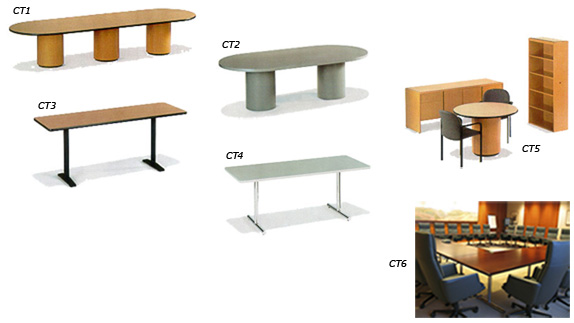 Photos of office furniture from Office Rental, Inc.: conference tables, training tables, board room table